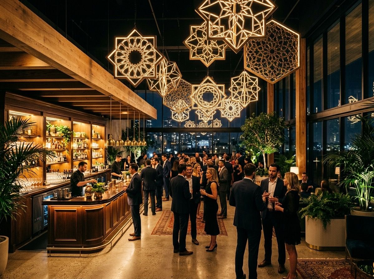 Soirée corporate avec installations lumineuses géométriques