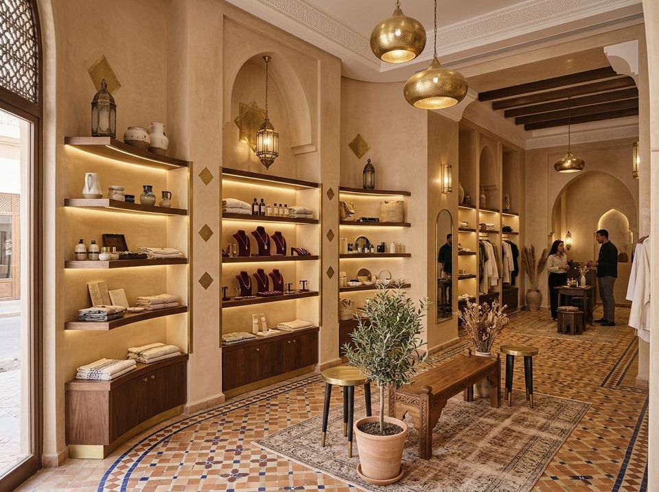 Boutique artisanale marocaine avec tadelakt et lanternes en laiton