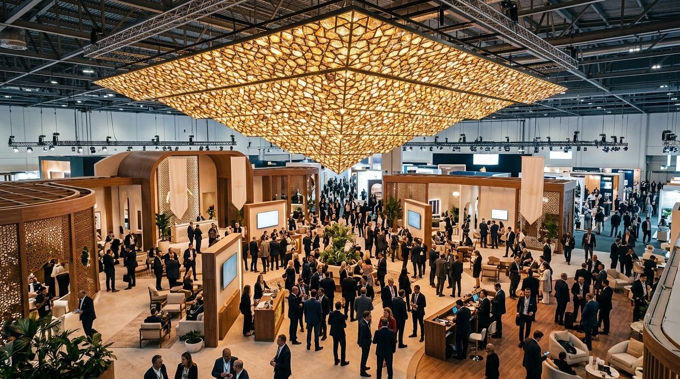 Salon professionnel avec structure moucharabieh suspendue